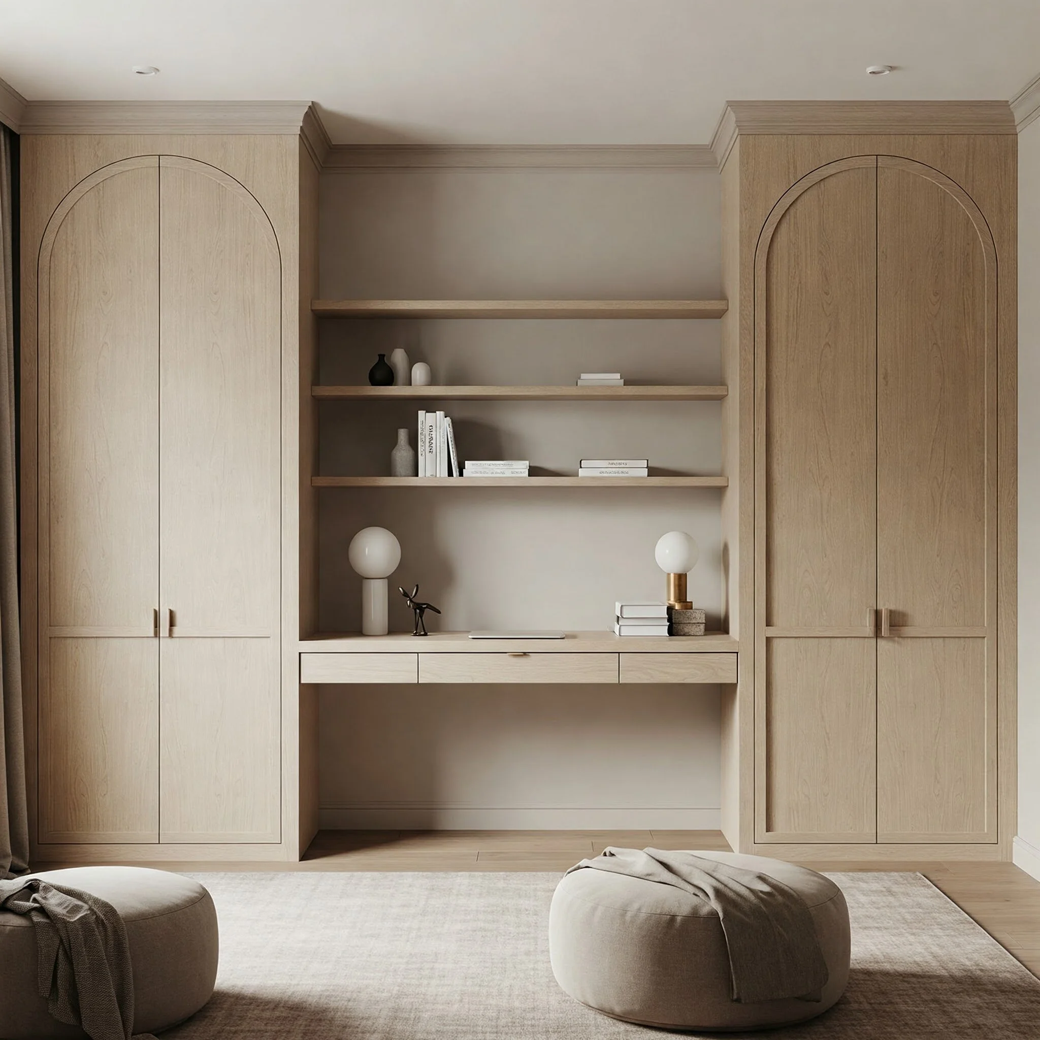 A refined home office with curated shelving